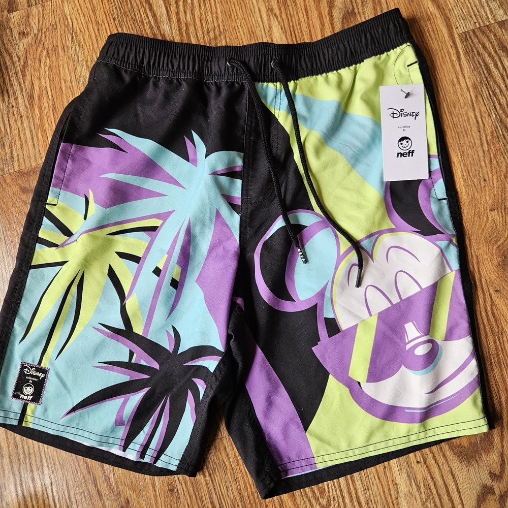 NWT NEFF x Disney Shorts Mens Size Small Blue Tropical Performance Stretch Swim
